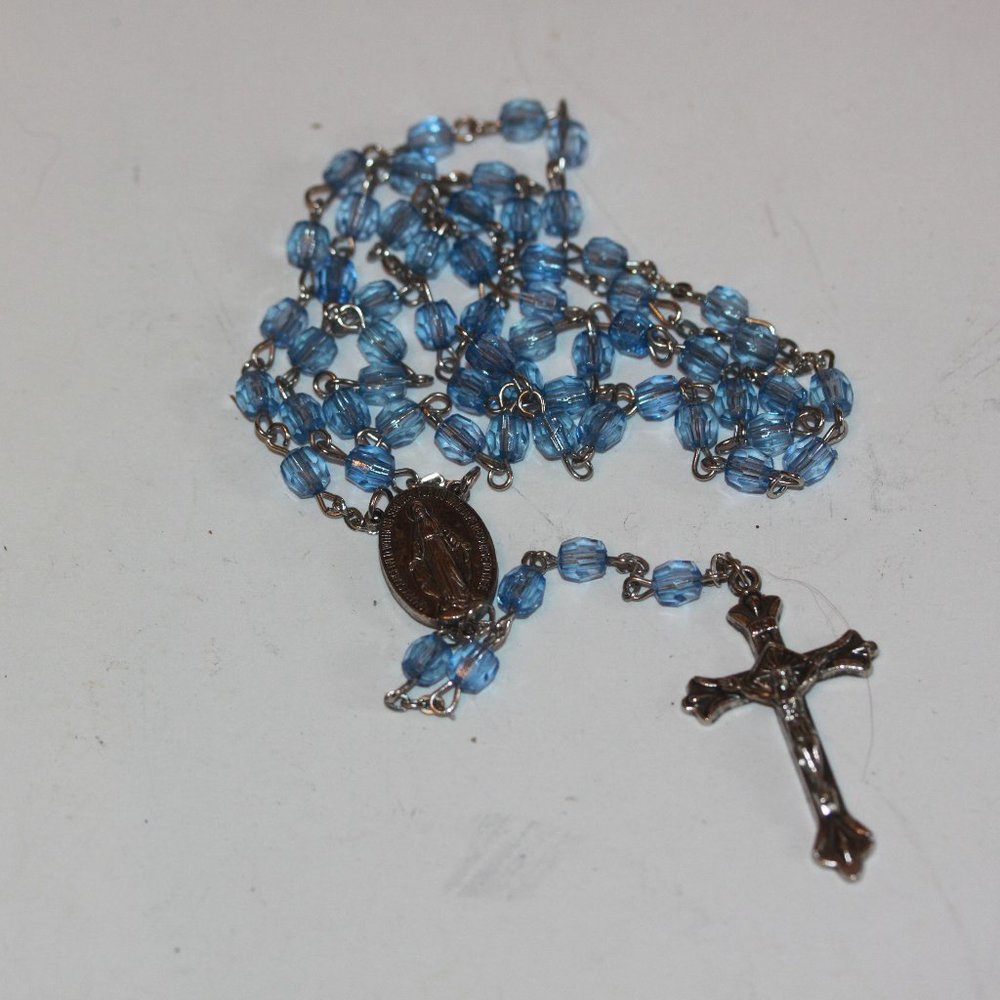 Vintage Blue Faceted Bead Rosary Silver Tone 21 inch